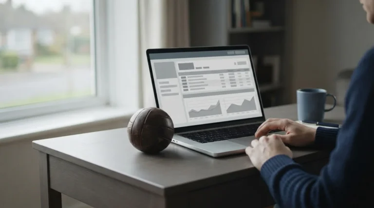 Laptop mit Sportwetten-Interface und Fußball auf neutralem Schreibtisch