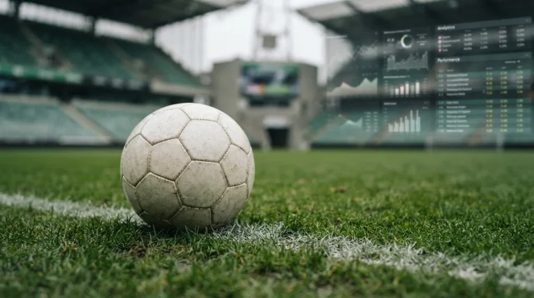 Nahaufnahme eines Fußballs auf Rasen mit unscharfen Statistiken im Hintergrund