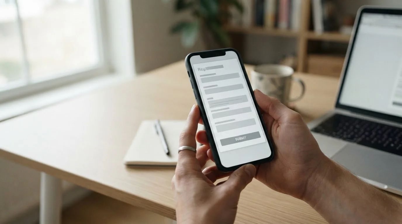 Hände tippen Bonuscode auf Smartphone ein