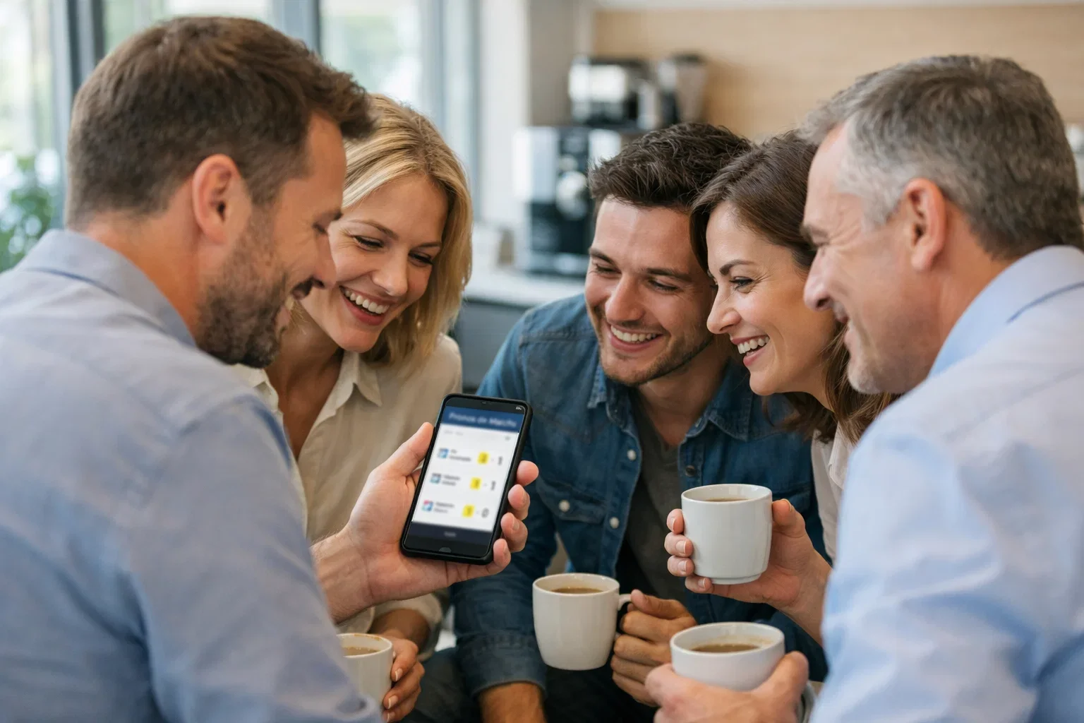 Büro Tippspiel - Kollegen diskutieren Bundesliga Tipps in der Pause