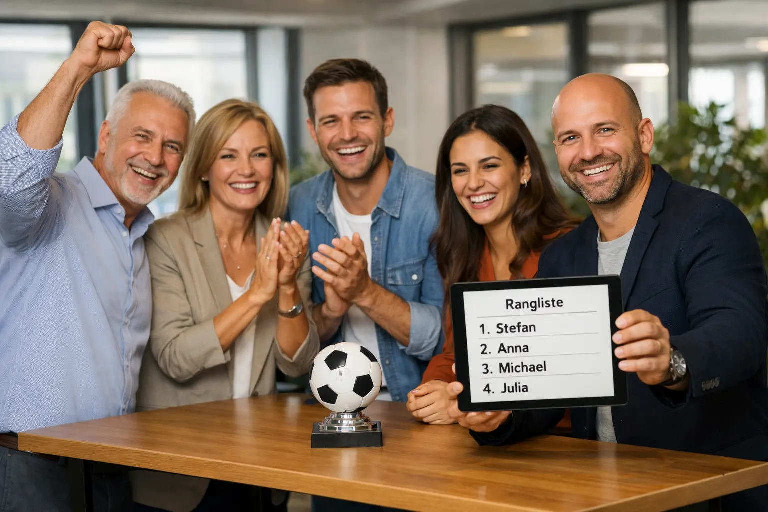 Büro-Tippspiel: Kollegen jubeln gemeinsam in modernem Büro beim Fußballschauen