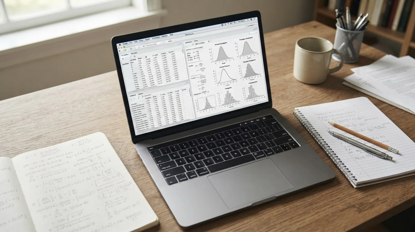 Arbeitsplatz mit Laptop und Notizen für die Erstellung eigener Wettprognosen mit statistischen Modellen