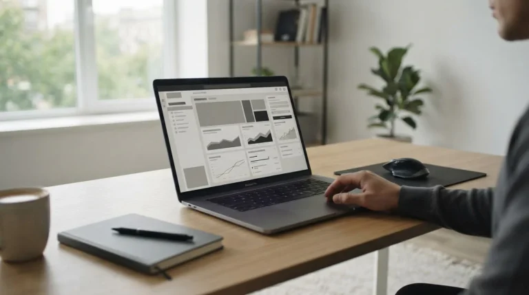 Laptop mit abstrakter Wettplattform-Oberfläche auf minimalistischem Schreibtisch