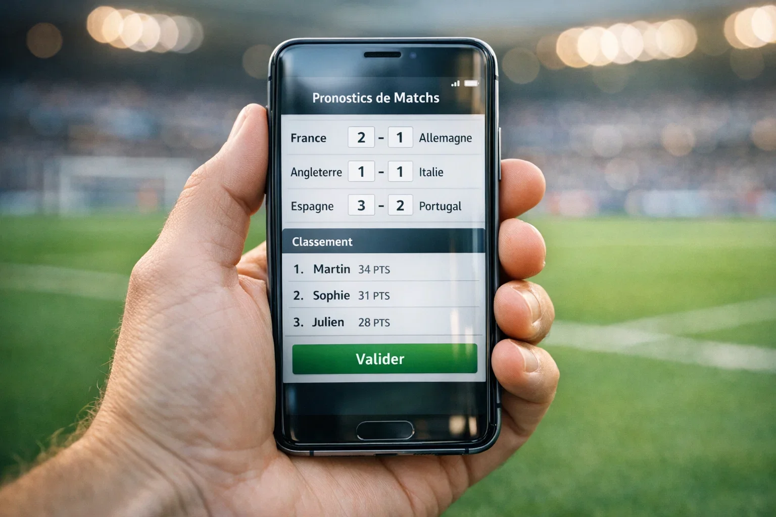 Kicktipp Anleitung: Hand hält Smartphone mit Tippspiel-App vor grünem Fußballrasen