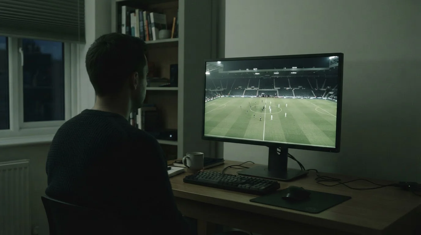 Live-Stream eines Fußballspiels auf Monitor mit neutraler Spielfeld-Ansicht