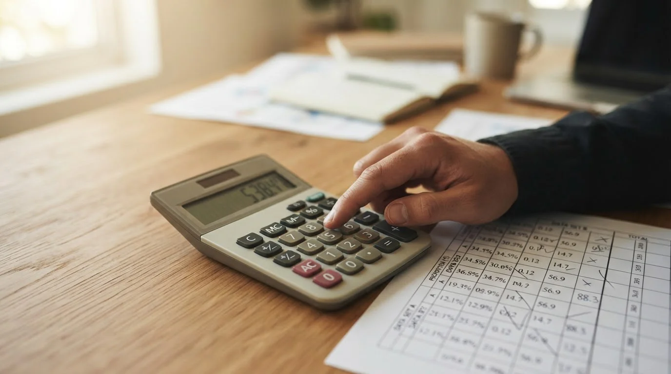 Taschenrechner und Tabelle mit Prozentangaben zur Berechnung von Wettmargen