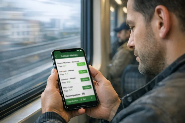 Mobile Tippspiel – Person tippt unterwegs auf dem Smartphone