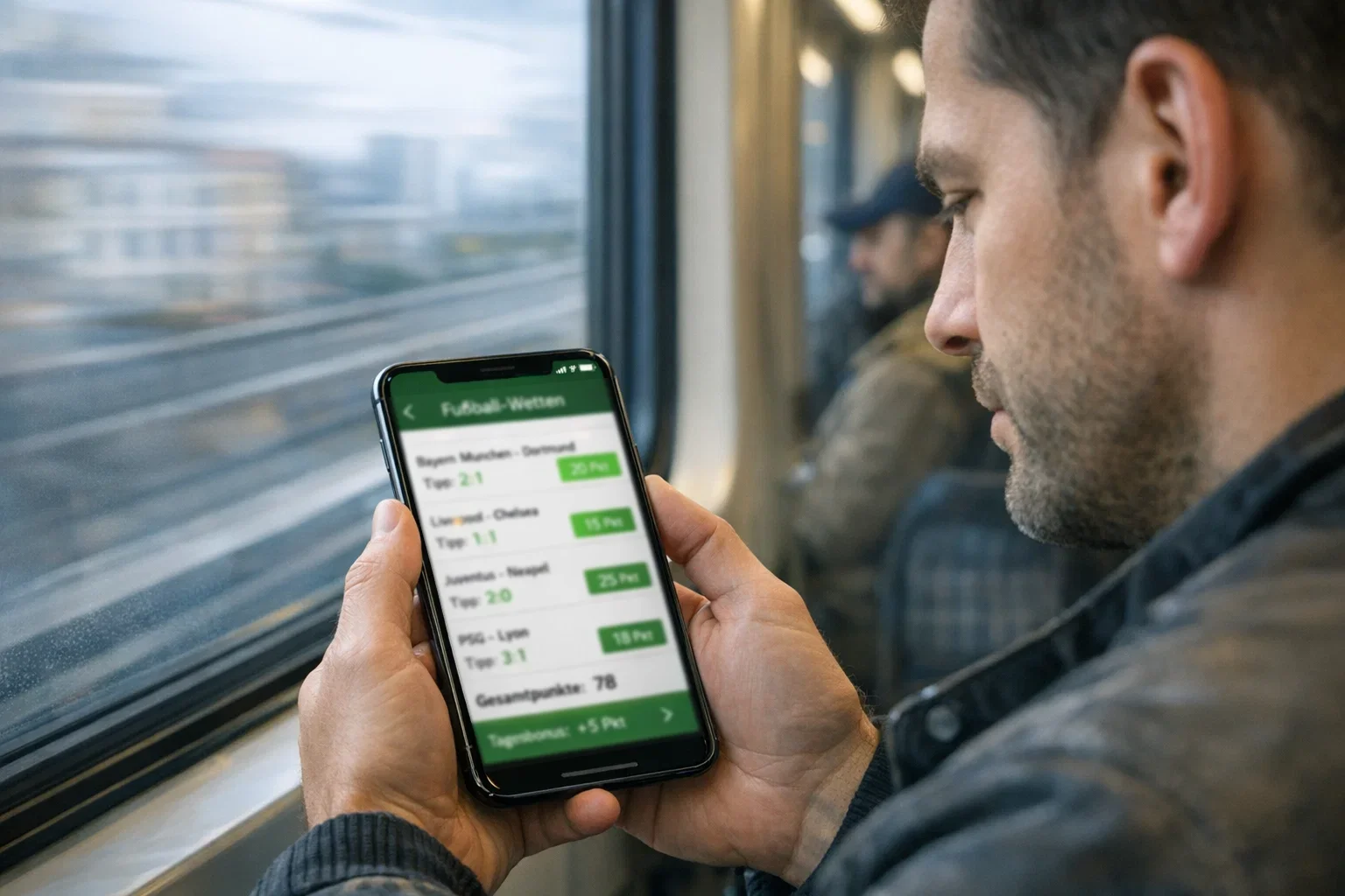 Mobile Tippspiel – Person tippt unterwegs auf dem Smartphone