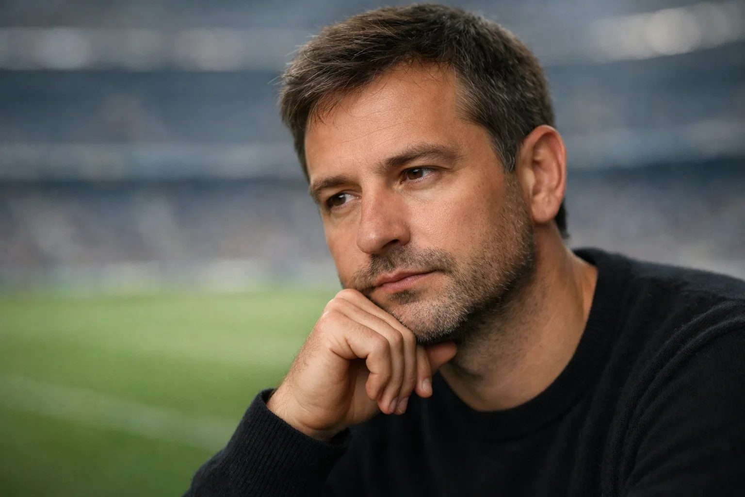 Psychologie beim Tippen: Nachdenklicher Mann vor verschwommenem Fußballstadion-Hintergrund