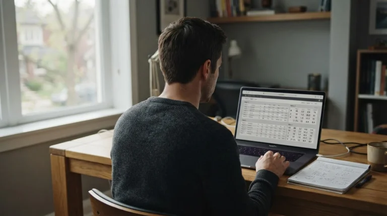 Person analysiert Sportwetten-Statistiken und Quoten am Laptop in ruhigem Arbeitsumfeld