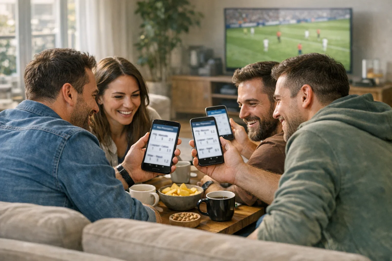 Fußball Tippspiel mit Freunden - Gruppe tippt gemeinsam auf Smartphone