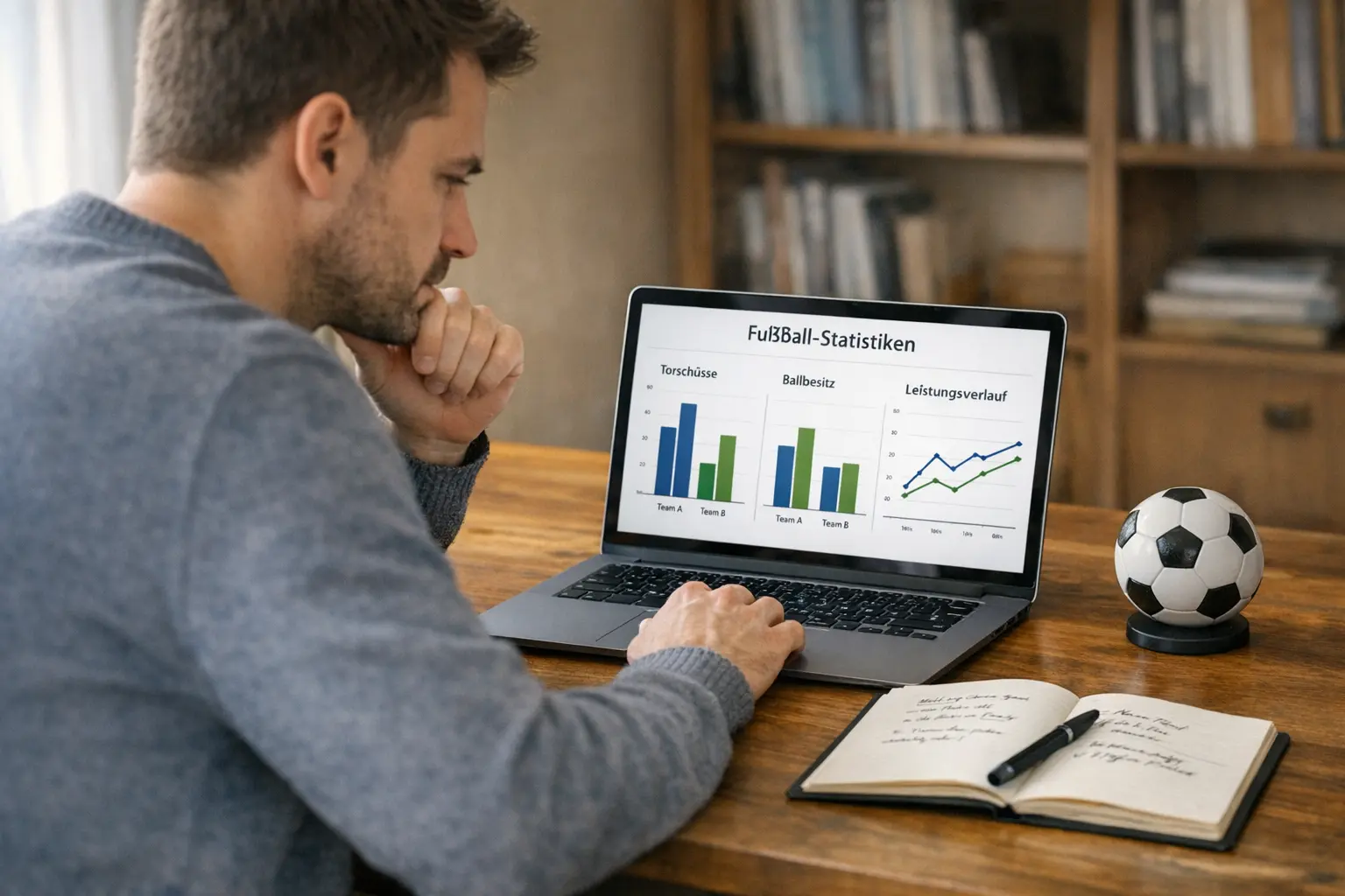 Tippspiel Strategien: Mann analysiert Fußballstatistiken auf Laptop neben Notizblock