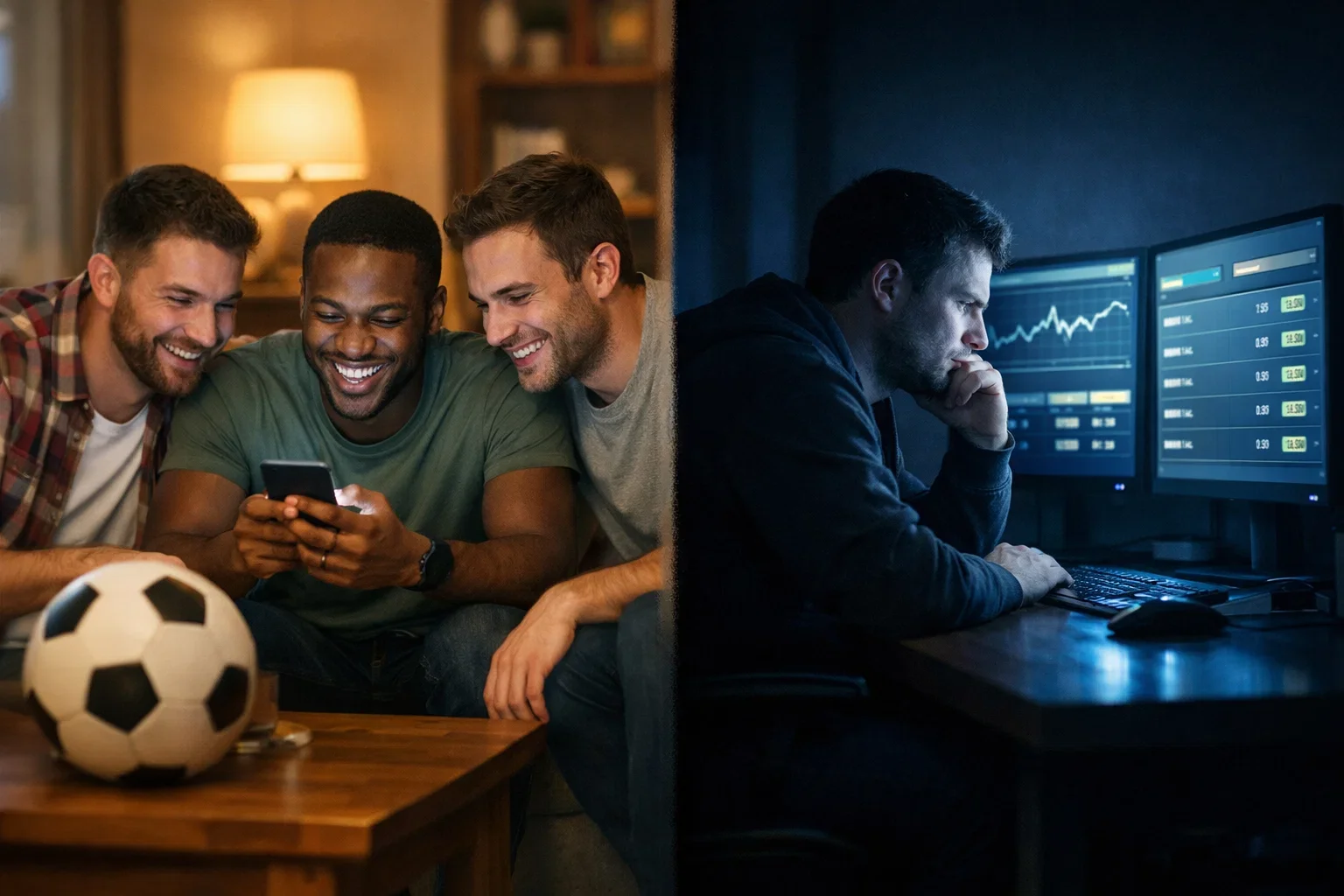 Tippspiel vs. Sportwetten: Freunde tippen gemeinsam am Smartphone versus einsamer Wetter am Bildschirm