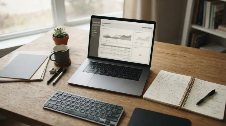 Analytischer Arbeitsplatz mit Laptop und Notizen für die Bewertung von Wetttipps