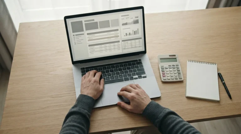 Ruhige Schreibtisch-Szene mit Laptop und Taschenrechner für Analyse von risikofreien Wettangeboten