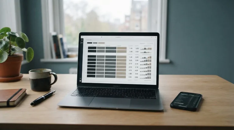 Laptop mit abstrakten Wettquoten und Taschenrechner auf neutralem Schreibtisch