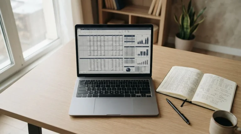 Analytischer Arbeitsplatz mit Laptop und Notizen zur Berechnung von EM-Wettquoten