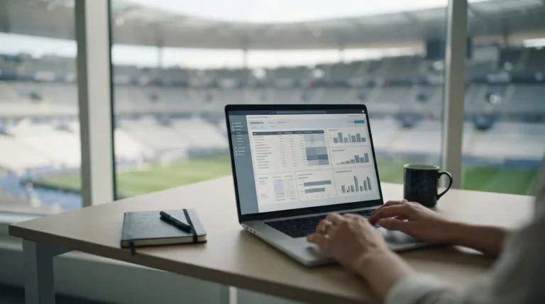Analyse von Ligue-1-Wettquoten auf Laptop mit Stadionkulisse im Hintergrund