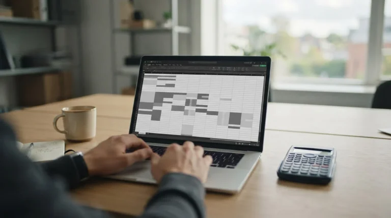 Analytischer Arbeitsplatz mit Laptop und Taschenrechner zur Auswertung von WM-Wettquoten