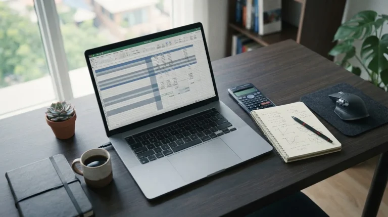 Person analysiert Wettquoten und Steuerabzüge am Laptop mit Taschenrechner
