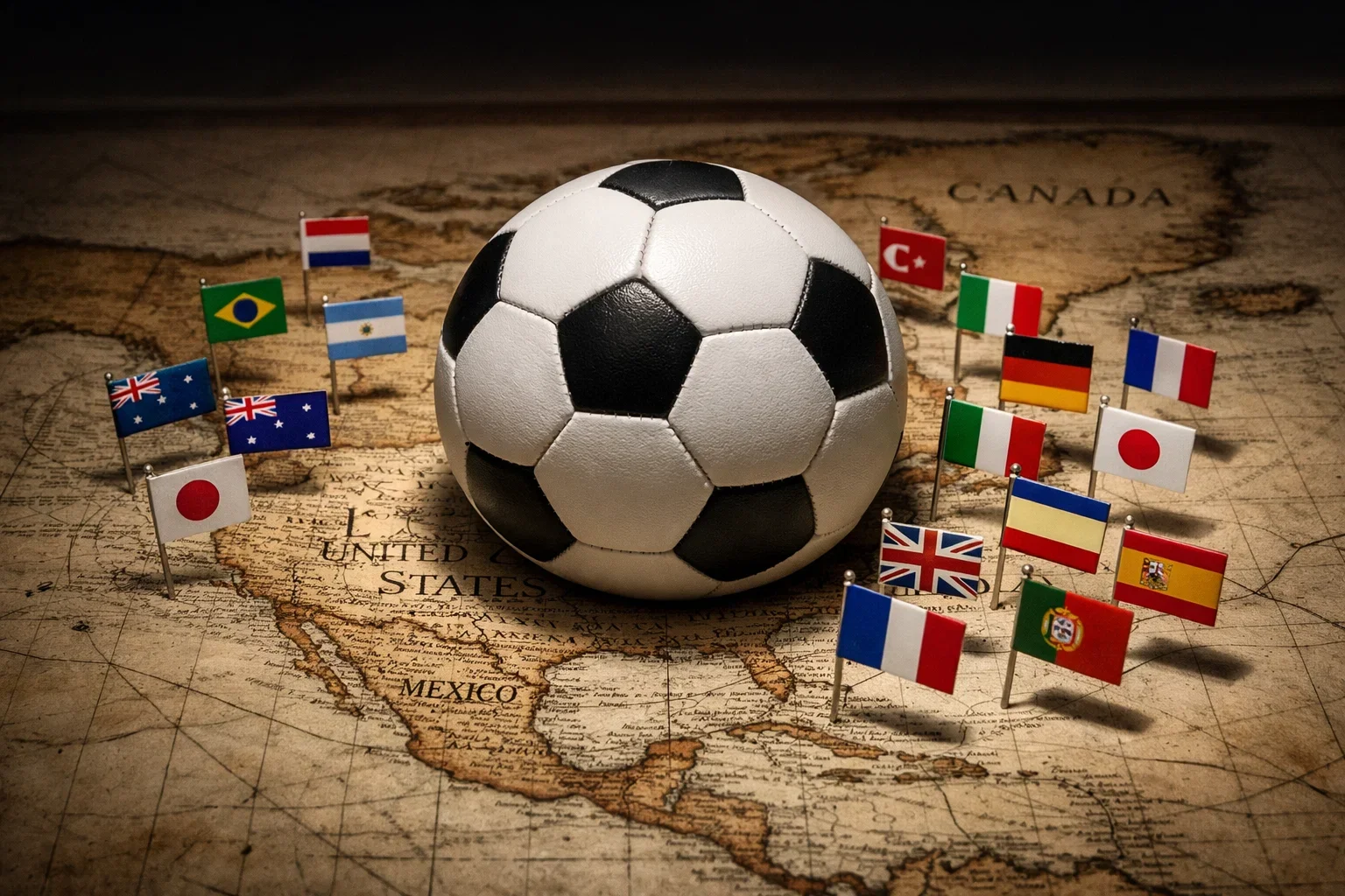WM 2026 – Fußball-Weltkugel mit Flaggen aus USA, Mexiko und Kanada